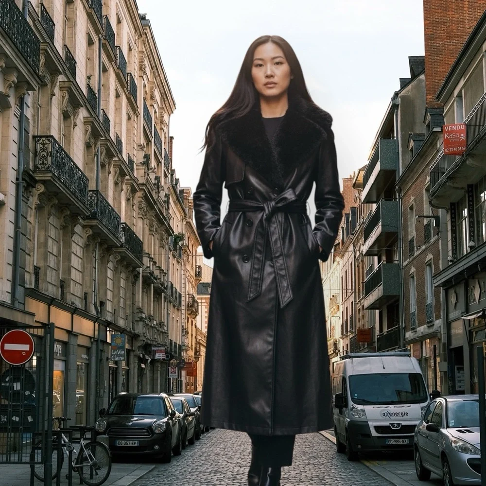 Vintage style SHEIN Black Faux Leather Long Trench Coat with Shearling Collar - Picture 13 of 17